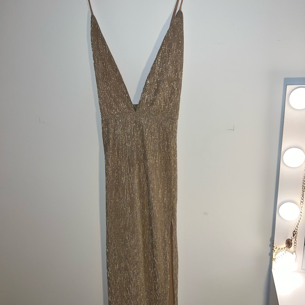 Superdown Gold Slip Dress Spaghetti Strap Plunge